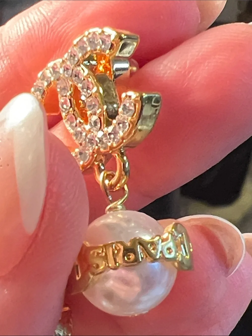 Gold Crystal Logo Pearl Drop Earrings - Picture 5 of 9